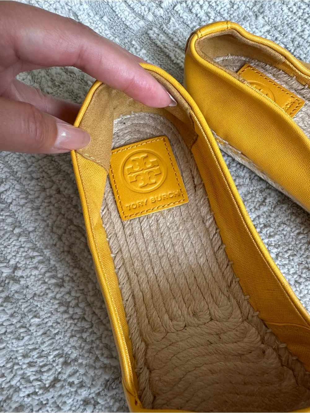 Tory Burch Mustard Yellow Leather Espadrille Flats with Logo